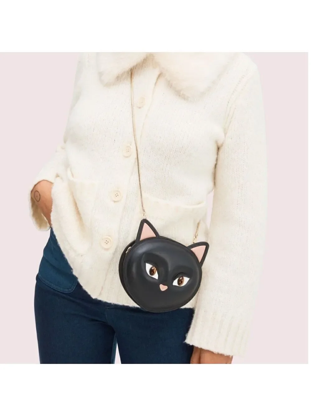 Kate Spade Black Cat Leather Crossbody Bag Novelty Purse Cute Kawaii Coquette